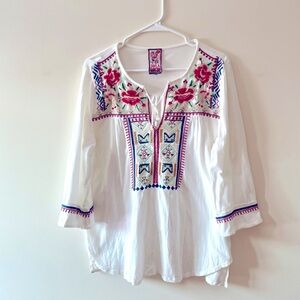 Johnny Was Floral Embroidered V Neck 3/4 Sleeves Cotton Tunic Blouse Top Small